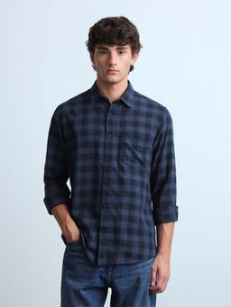 Flying Machine - Men Navy Blue Twill Plaid Checks Shirt