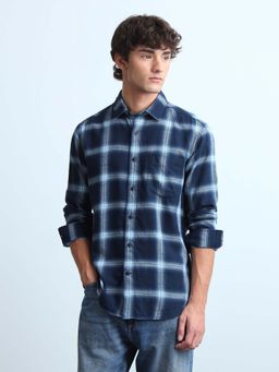Flying Machine - Men Blue Twill Plaid Checks Shirt