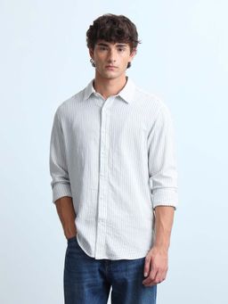 Flying Machine - Men White Dobby Vertical Striped Shirt