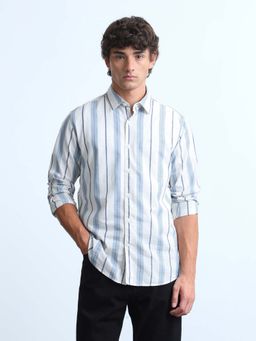 Flying Machine - Men Blue-White Vertical Striped Slim Fit Shirt