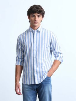 Flying Machine - Men Blue-White Vertical Striped Slim Fit Shirt