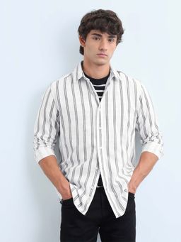 Flying Machine - Men White Dobby Vertical Striped Shirt