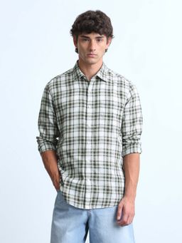 Flying Machine - Men Green Twill Plaid Checks Shirt