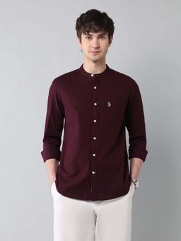 U.S. Polo Assn. Denim Co. - Men Wine Solid Slub Mandarin Collar Shirt