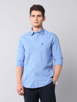 U.S. Polo Assn. Denim Co. - Men Blue Solid Pure Cotton Regular Fit Shirt