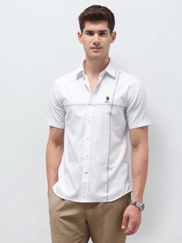 U.S. POLO ASSN. - Men White Twill Regular Fit Stripes Half Sleeves Shirt