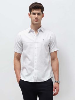 U.S. POLO ASSN. - Men White Twill Regular Fit Stripes Half Sleeves Shirt