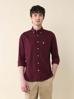 U.S. POLO ASSN. - Men Maroon Solid Oxford Stretch Shirt