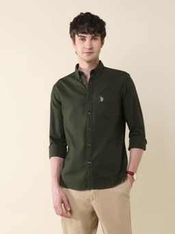 U.S. POLO ASSN. - Men Green Solid Oxford Stretch Shirt