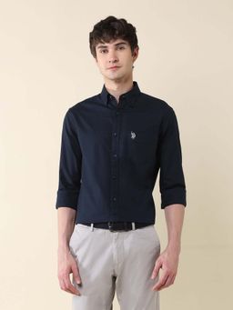 U.S. POLO ASSN. - Men Navy Blue Solid Oxford Stretch Shirt