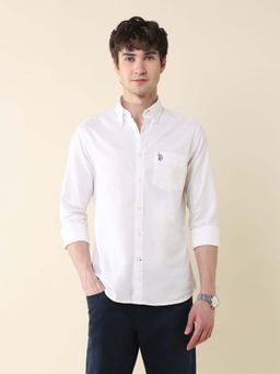 U.S. POLO ASSN. - Men White Solid Oxford Stretch Regular Fit Shirt