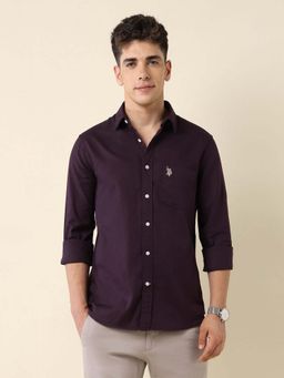 U.S. POLO ASSN. - Men Purple Solid Tailored Fit Dobby Shirt