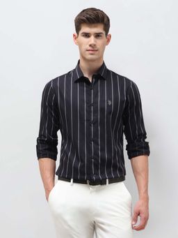 U.S. POLO ASSN. - Men Navy Blue Dobby Vertical Striped Shirt