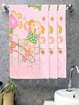 FABINALIV - Pink Cartoon Design Cotton Kids Bath Towels (Pack of 3)