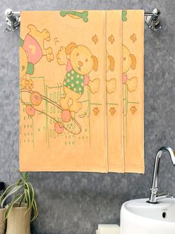 FABINALIV - Peach Cartoon Design Cotton Kids Bath Towels (Pack of 3)