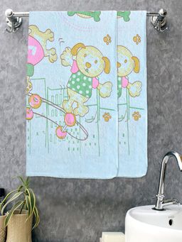 FABINALIV - Blue Cartoon Design Cotton Kids Bath Towels (Pack of 2)