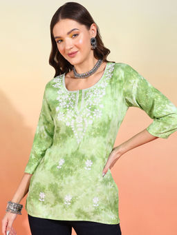 Mokshi - Womens Green Embroidered Printed Rayon Straight Kurti