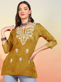 Mokshi - Womens Mustard Embroidered Printed Rayon Straight Kurti