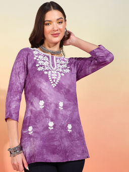Mokshi - Womens Purple Embroidered Printed Rayon Straight Kurti