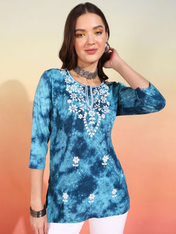 Mokshi - Womens Blue Embroidered Printed Rayon Straight Kurti