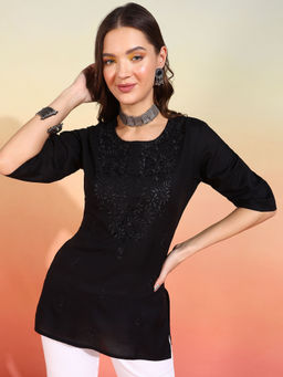 Mokshi - Womens Black Embroidered Rayon Straight Kurti