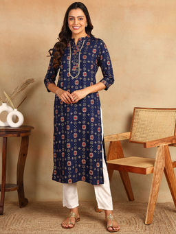 Mokshi - Womens Blue Foil Printed Rayon Straight Kurta
