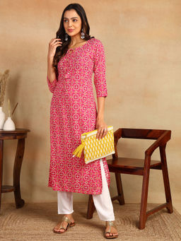 Mokshi - Womens Pink Floral Printed Rayon Straight Kurta