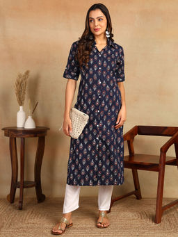 Mokshi - Womens Blue Floral Printed Rayon Straight Kurta