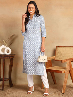 Mokshi - Womens Grey Printed Rayon Straight Kurta