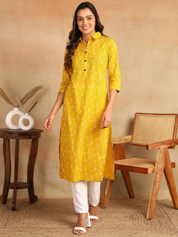Mokshi - Womens Yellow Printed Rayon Straight Kurta