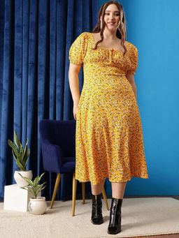 CURVY STREET - Women Yellow Printed Midi Dress