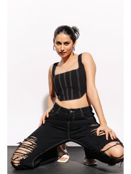 FREAKINS - Contrast Stitch Black Bustier Crop Top