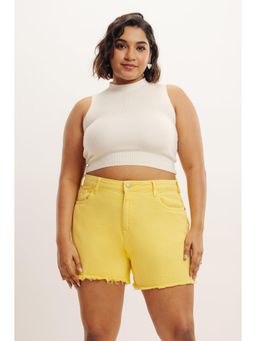 FREAKINS - Curve Yellow Frayed Hem Denim Shorts