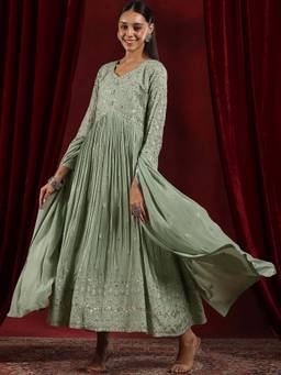 Libas Art - Green Floral Embroidered Anarkali with Pant & Dupatta (Set of 3)