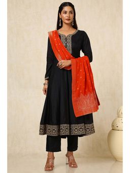 Soch - Women Black Dupion Silk Embroidered Kurta with Pant & Dupatta (Set of 3)