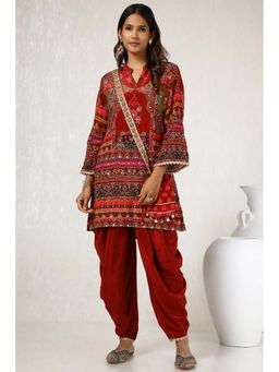 Soch - Women Maroon Viscose Crepe Ethnic Kurta with Dhoti & Potli Bag (Set of 3)