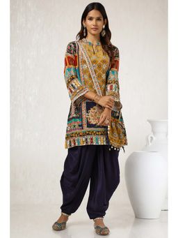 Soch - Women Navy Blue Viscose Crepe Ethnic Kurta with Dhoti & Potli Bag (Set of 3)