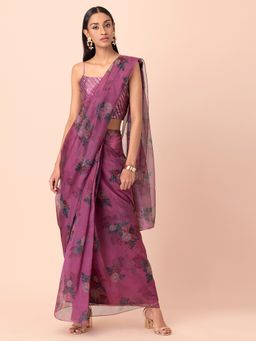 Indya - Wine Floral Organza Pre Draped Saree