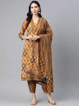 Readiprint - Straight Style Cotton Mustard Color Kurta With Bottom & Dupatta (Set of 3)