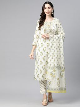 Readiprint - Straight Style Cotton Green Color Kurta With Bottom & Dupatta (Set of 3)