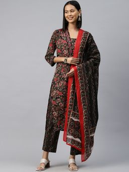 Readiprint - Straight Style Cotton Black Color Kurta With Bottom & Dupatta (Set of 3)