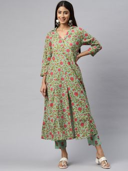 Readiprint - Anarkali Style Cotton Fabric Green Color Kurta With Bottom (Set of 2)