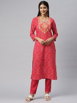 Readiprint - Straight Style Cotton Fabric Red Color Kurta With Bottom (Set of 2)