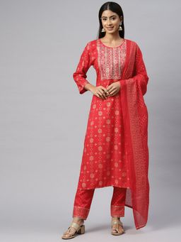 Readiprint - Straight Style Rayon Fabric Red Color Kurta With Bottom (Set of 3)