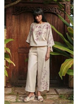 Kaveri - Beige Linen Blend Round Neck Top With Pant