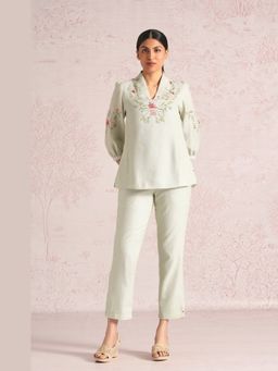 Kaveri - Green Linen Blend V-Neck Top With Pant