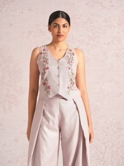 Kaveri - Mauve Linen Blend V-Neck Waist Coat With Pant