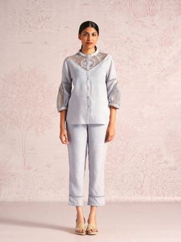 Kaveri - Blue Linen Blend Mandarin Neck Shirt With Pant