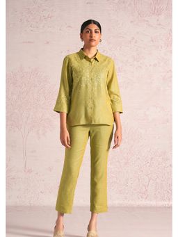 Kaveri - Olive Linen Blend Collar Neck Shirt With Pant