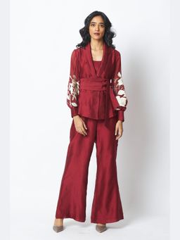 MADDER MUCH - Burgandy Reva - Blazer Wrap Top And Wide-Leg Pant with Co-Ords Sets